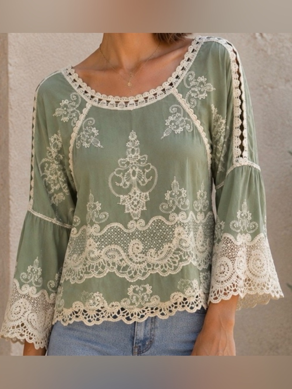 DEMOCRACY LADIES TOP Boho Lace-Trim Embroidered Peasant Top - Sage Green